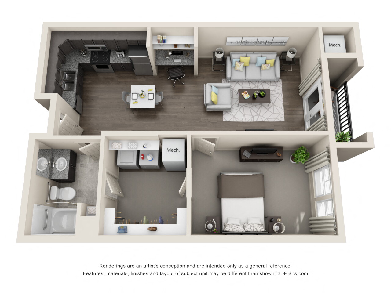 Floor plan for 1 bed, 1 bath, 724 sqft